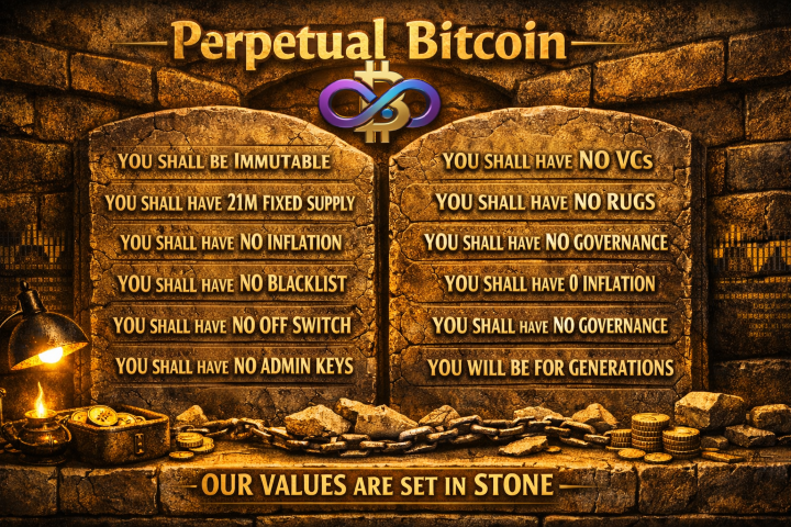 Perpetual Bitcoin values set in stone: immutable rules, fixed supply, no inflation, no blacklist, no off-switch, no admin keys, no VCs, no rugs, and no governance.